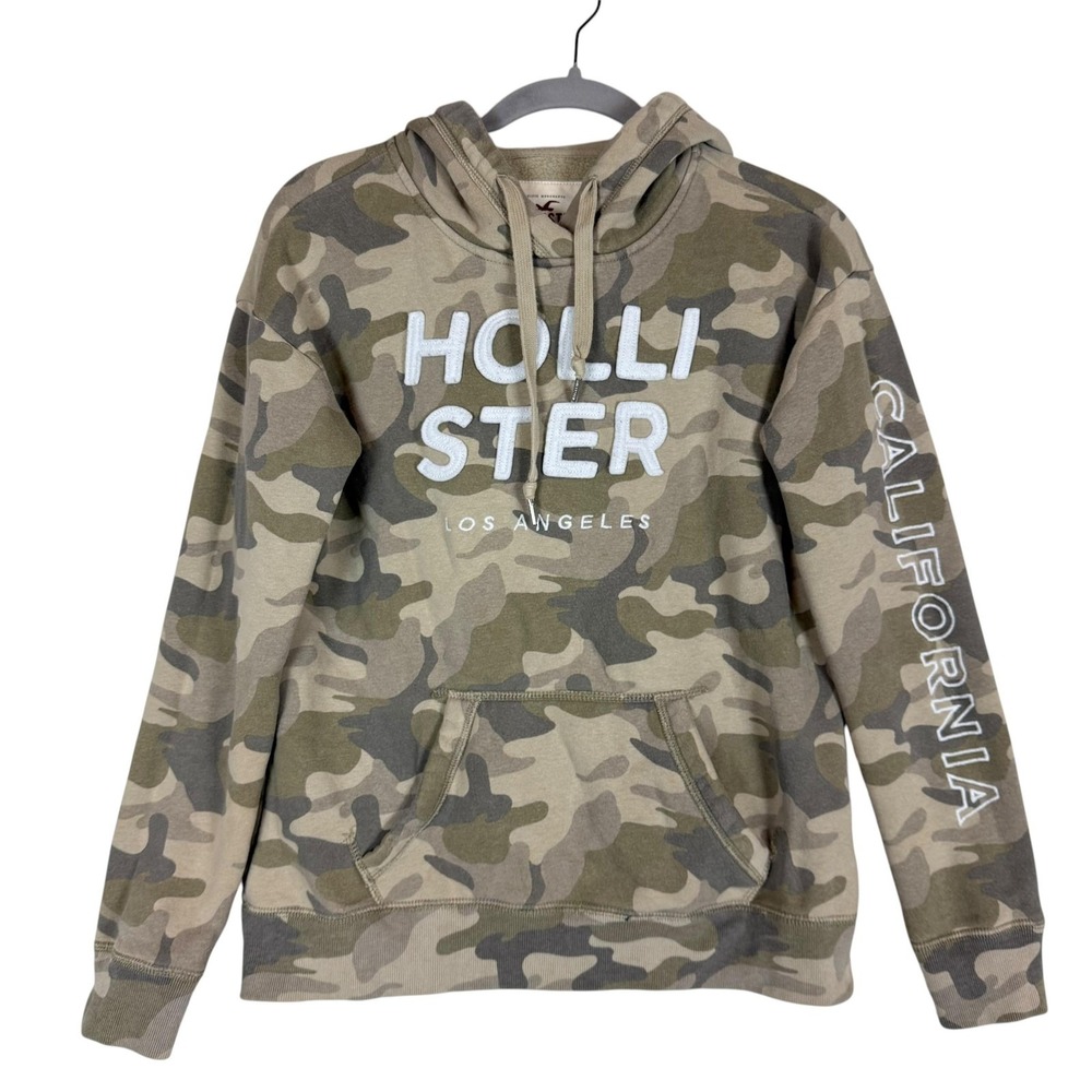 Hollister Hoodie Mens Small Green Camo Pullover Fleece Kangaroo Pocket Logo Y2K